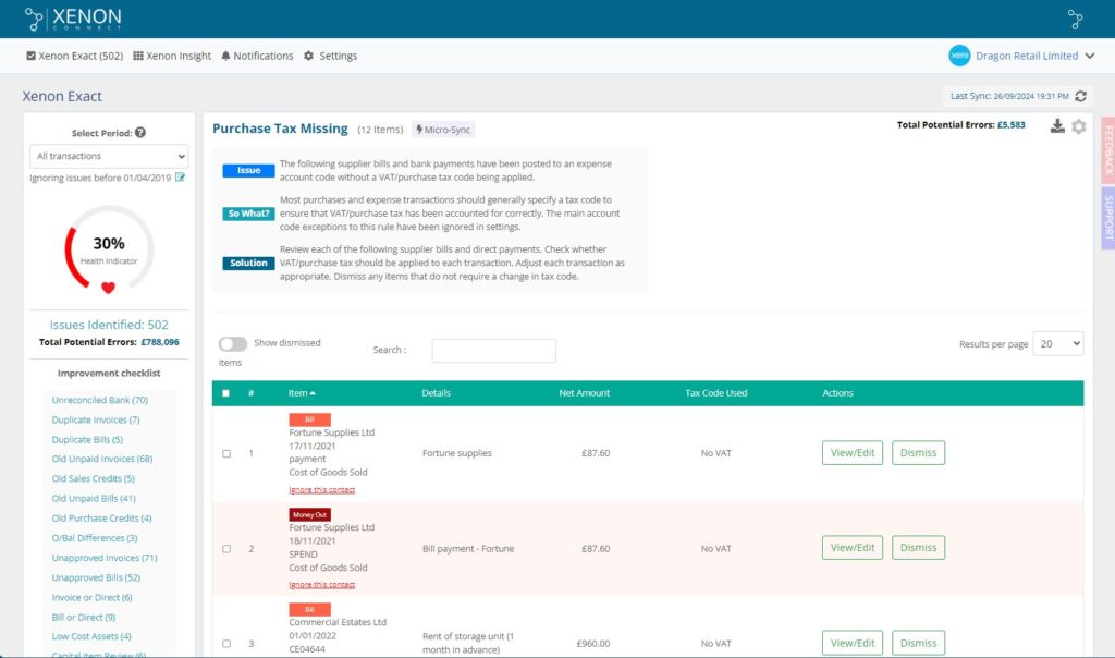 Screenshot of Purchase Tax Missing bookkeeping data check in Xenon Connect