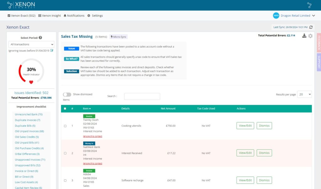 Screenshot of Sales Tax Missing bookkeeping data check in Xenon Connect