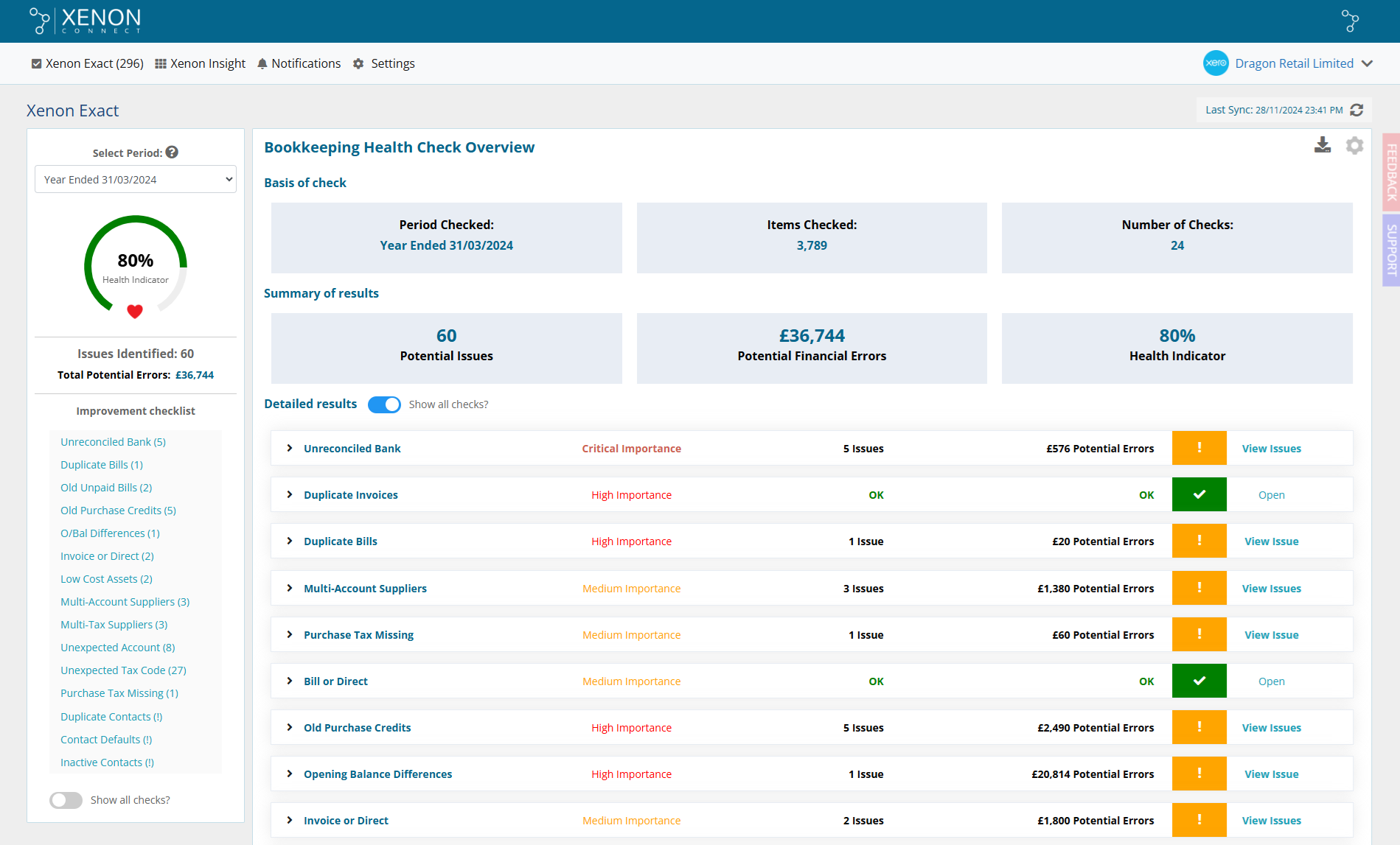 Xenon Connect Bookkeeping Health Check Dashboard